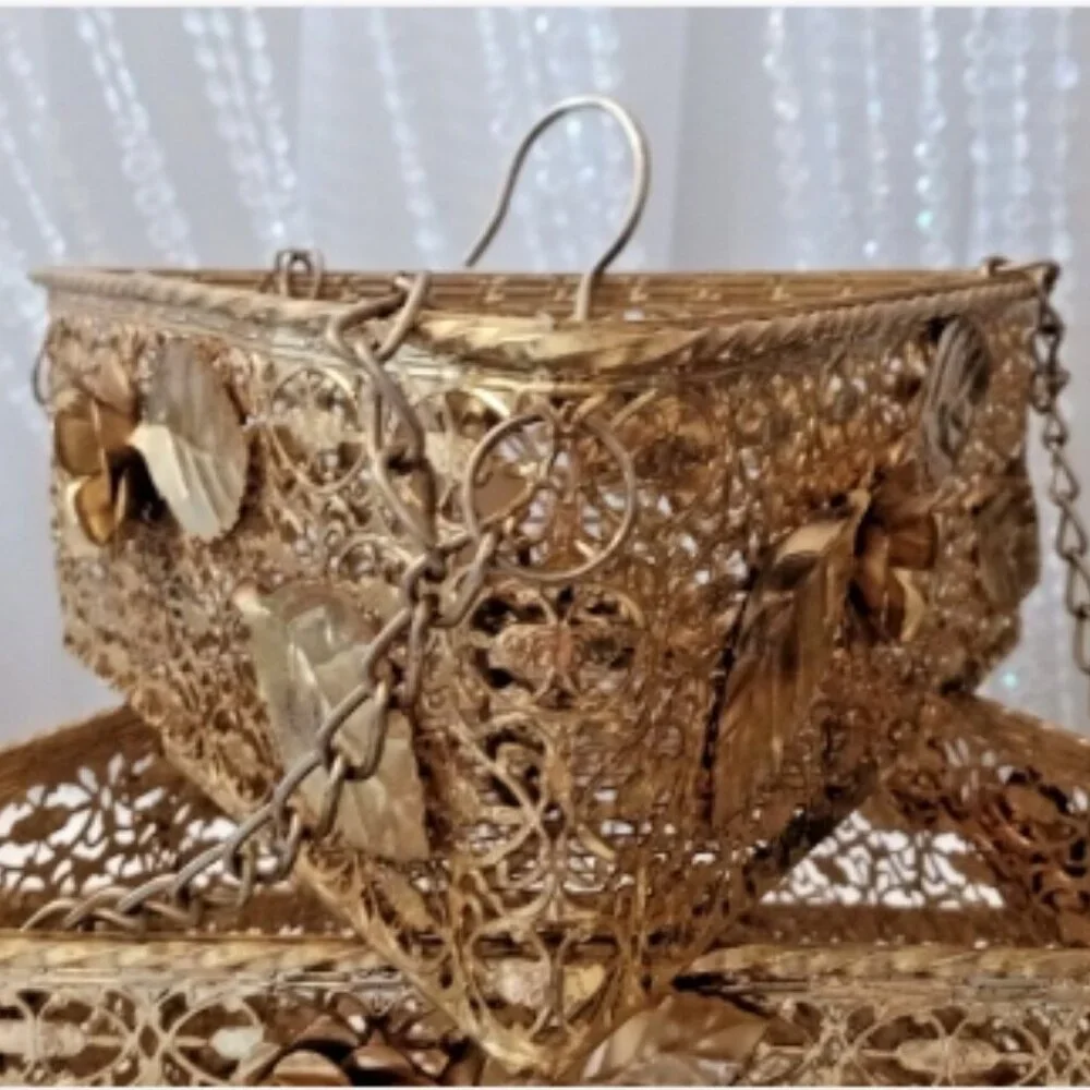 Vintage Hollywood Regency Gold Metal Wire Hanging Baskets 3 Tier
